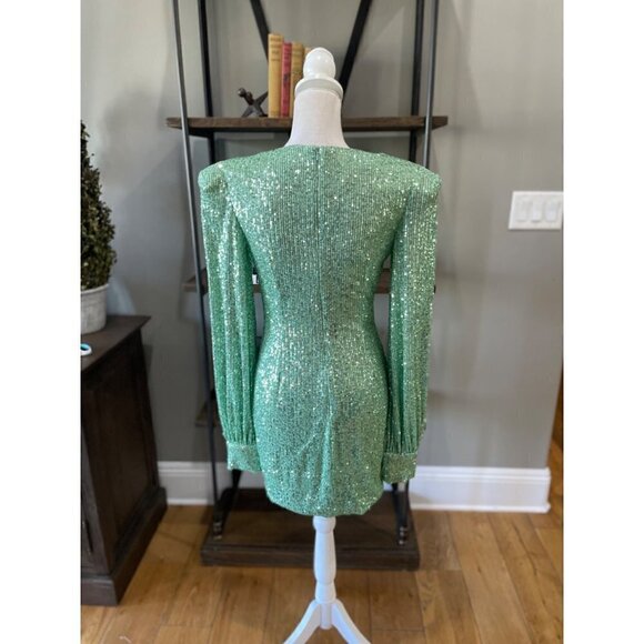 Ieena for Mac Duggal Sequined Structured Bishop Sleeve Mini Dress Light Green Wo - Picture 10 of 14